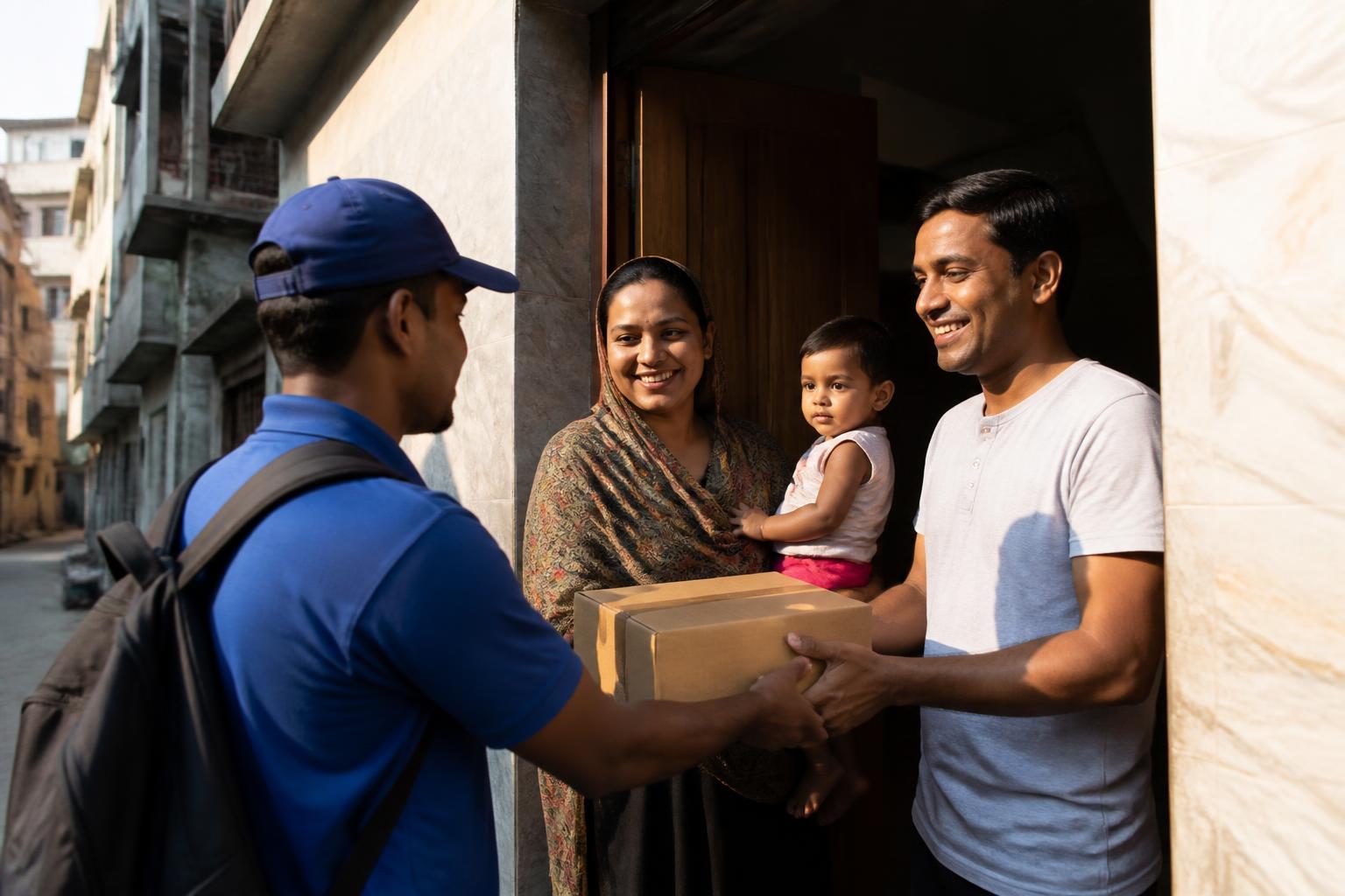 Parcel from the UK being handed to a family at their door in Bangladesh