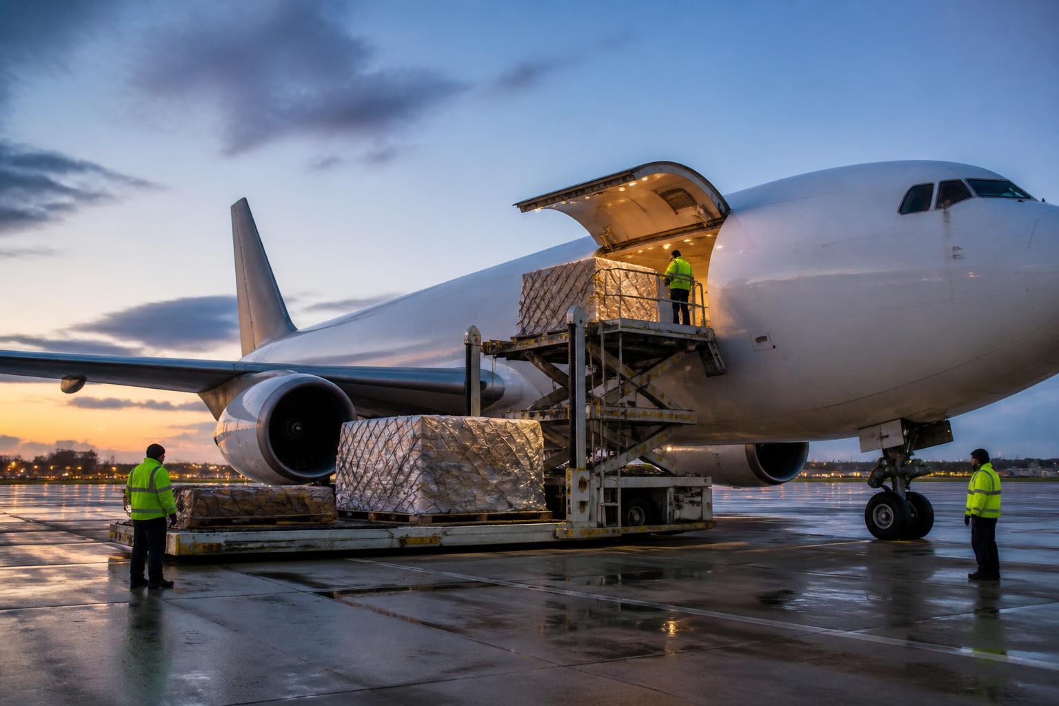 Air cargo aircraft being loaded for a UK to Bangladesh parcel delivery